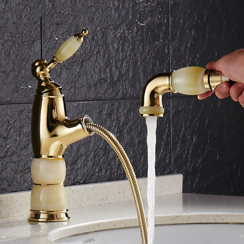 

European style all copper main pull type hot and cold wateer, gold basin faucet, antique platform,telescopic faucet