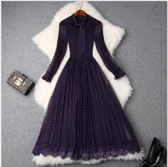 

2019 spring women's new floating lead heart-shaped mesh lanterns sleeves ladies temperament pleated dressT3461-63