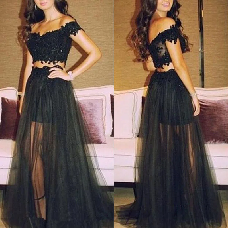 Fashion Trend 2 Pieces Black Lace Sequin Prom Dresses 2017 Long Edgy