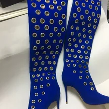 Г. весенние женские высокие сапоги пикантные Сапоги выше колена на высоком каблуке с вырезами женская обувь с открытым носком синего цвета Модная разноцветная обувь