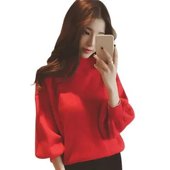 

Women Lantern Sleeve Loose Knitted Turtleneck Sweater Jumper Pullover Tops Solid Color Long Sleeve Tops