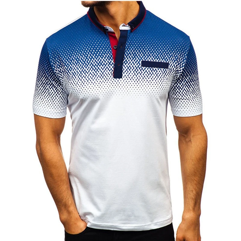 

MAJARTORIA Men Polo Shirts Blue And White Gradient England Style Men Shirt Summer Polo Casual Loose Turn-down Collar Clothing