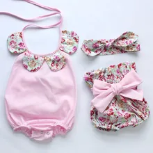 YEWUDIER Baby Toddler Summer Boutiques Girls Vintage Floral Ruffle Neck Romper Cloth with Bow Knot Shorts Headband knot detail floral blouse with shorts