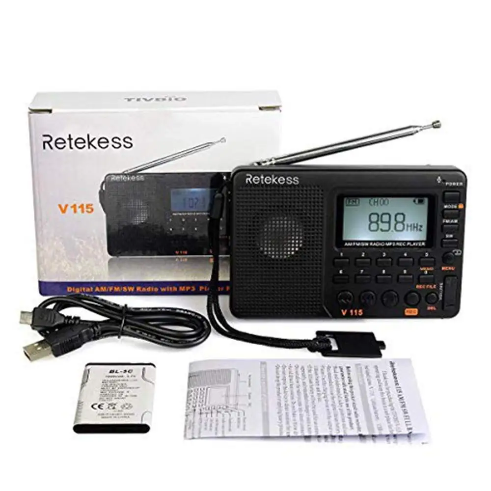 Радиоприемник Retekess V115 fm радио AM SW mp3 плеер с таймером сна черный рекордер F9205A|band