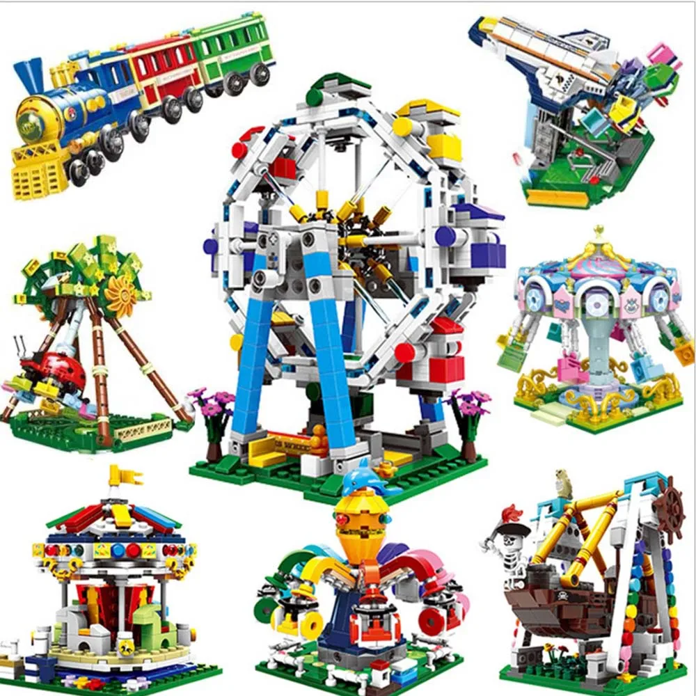 

City Life Colorful World Amusement Park Building Block Ferris Wheel Roundabout Flying Swing Mini Train Educational Bricks Toy