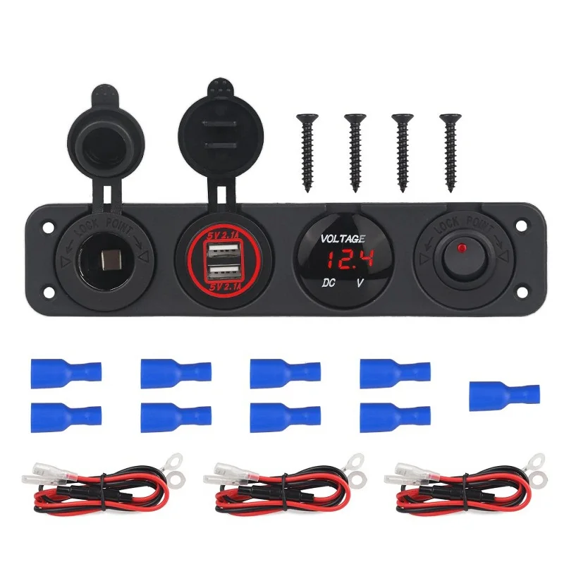 

12V-24V red led light dual USB charger socket Rocker Switch Panel Volt Meter power socket 120w for RV Car Boat Trailer Vehic