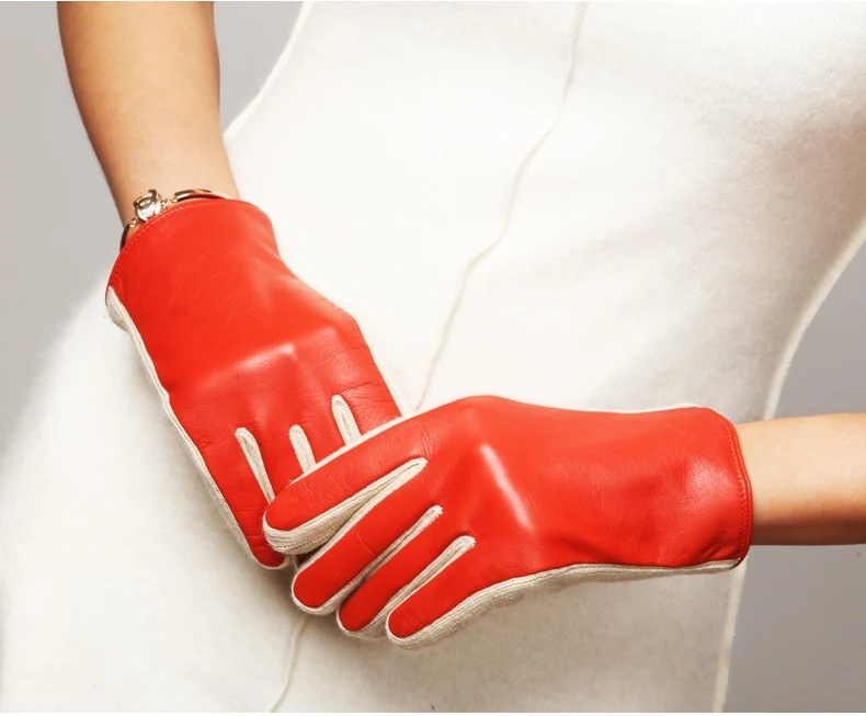 Новые женские перчатки из натуральной кожи с шерстью теплая перчатка в стиле пэчворк оранжевый серый черный