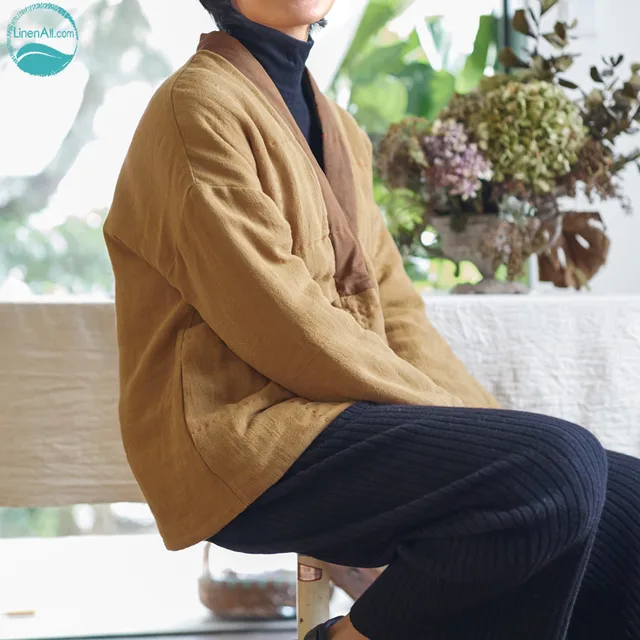 Cheap LinenAll women's paraks,yellow 100% silk 100% linen cotton short cotton-padded vintage V-neck winter jacket parkas female wuyou 