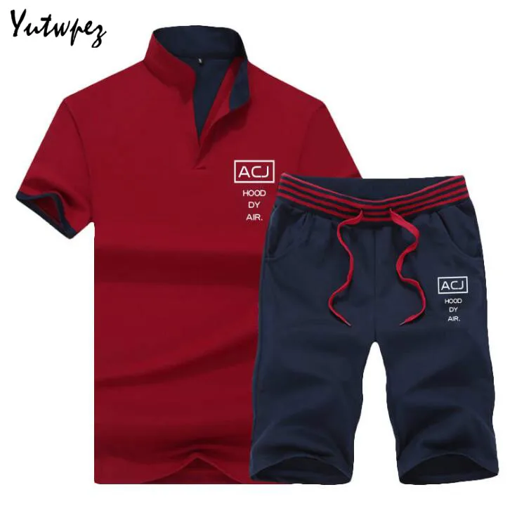 

Sportsuits Set Men Tracksuit Brand Fitness Suits Summer 2PC Top Short Set Mens Stand Collar Fashion 2 Pieces T-shirt Shorts 2019