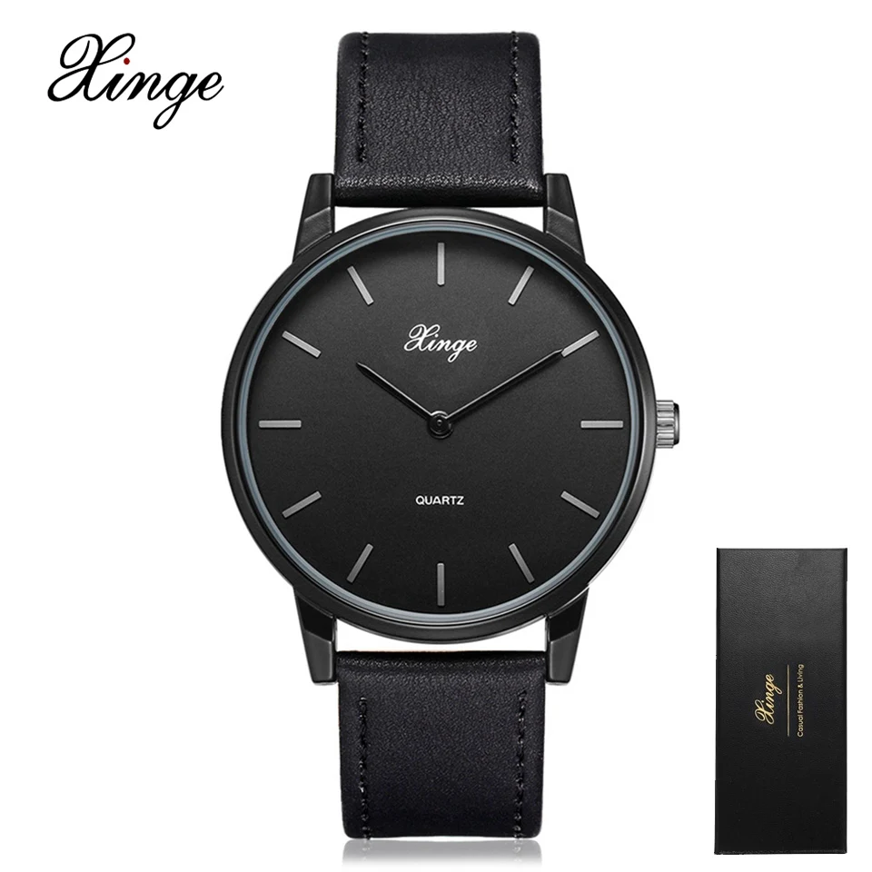 2018 Xinge Роскошные для мужчин s брендовые черные часы мужской моды повседневное кварцевые наручные часы пояса из натуральной кож