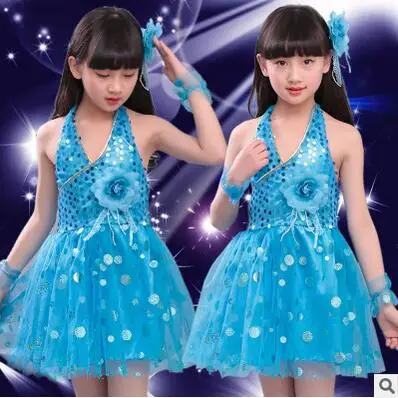 Girls Latin Dance Costumes Children Kids Sequins Fringe Stage Performance Dress Veil Competition Girls Ballroom Dance Costumes - Цвет: Синий