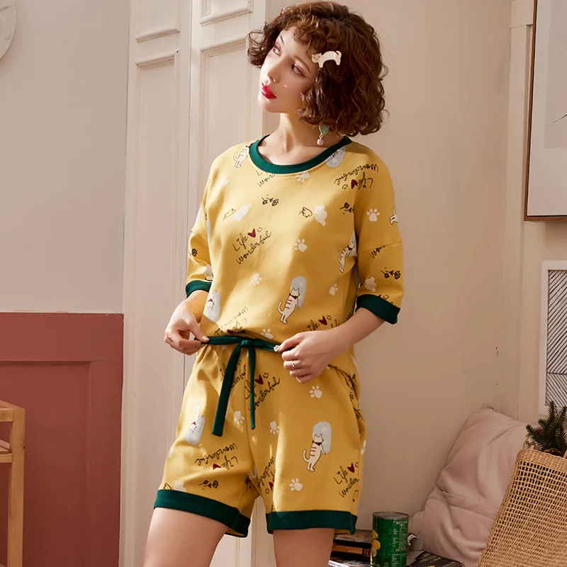 Women Pajamas Sets Summer Short Sleeve Thin Cotton Cute Cat Print Cute