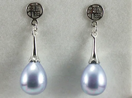 

wholesale Chinese 12*16mm light purple waterdrop shell pearl silver plated fu lucky stud earrings fashion jewelry002