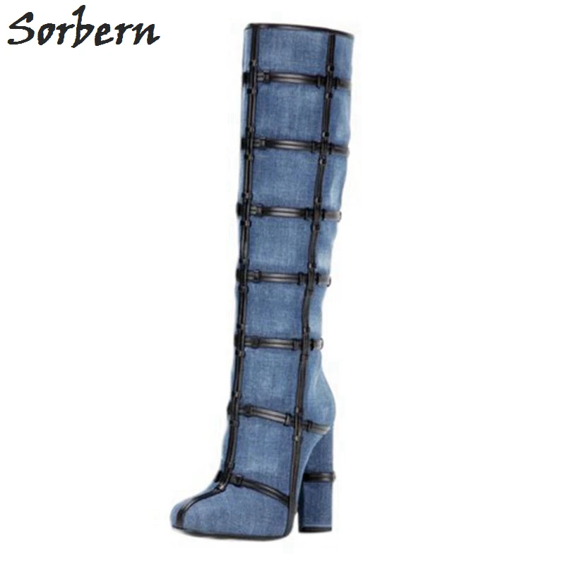 

Sorbern Blue Denim Knee High Boots Women Winter Shoes Women Winter Boots Warm Custom Color/Material Size 33-46