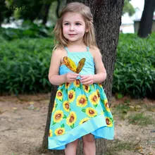 DZYECI летнее платье для маленьких девочек с изображением подсолнуха пляжное платье нарядное детский слинг с цветочным принтом вечерние платье для ребенка на шнуровке в стиле «бохо платье принцессы, сарафан-туника до 6 ти лет