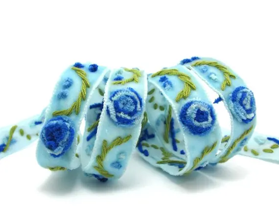 3 Colors|Yarn Flowers Embroidered on Light Blue Velvet Ribbon|Sewing|Quilting|Craft Supplies|Hair Accessories | Дом и сад