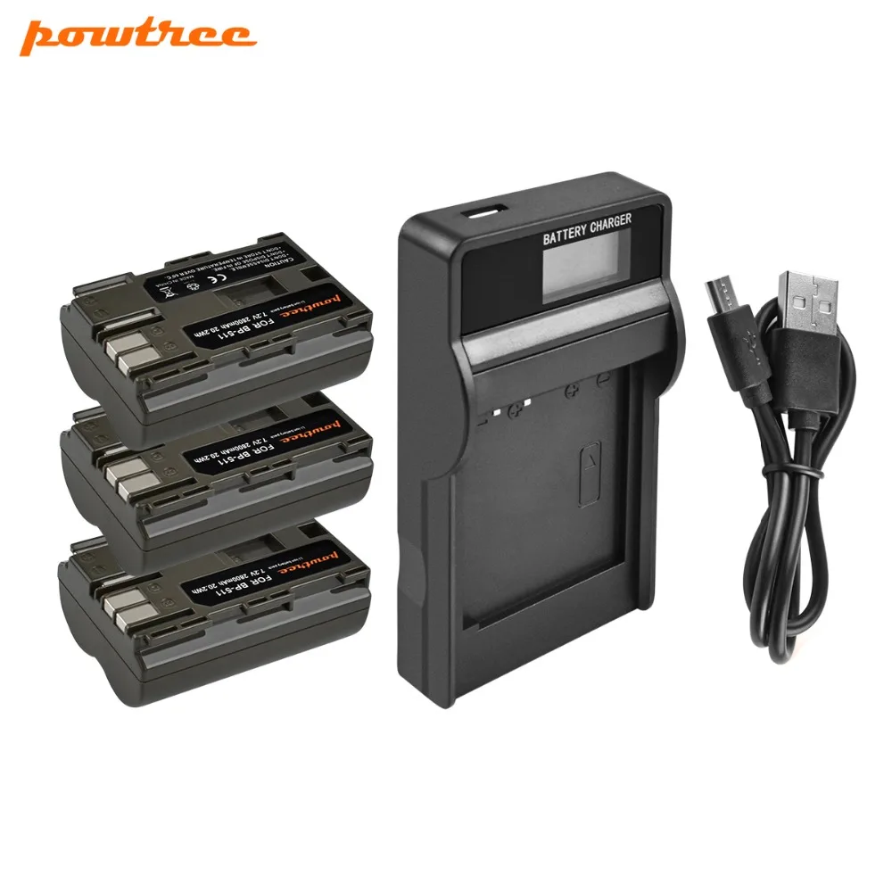 

Powtree For Canon 3PCS 7.2V 2800mAh BP511 BP-511 BP 511 BP511A Camera Battery + LCD Charger For EOS 300 20D PowerShot G1 G2 G3