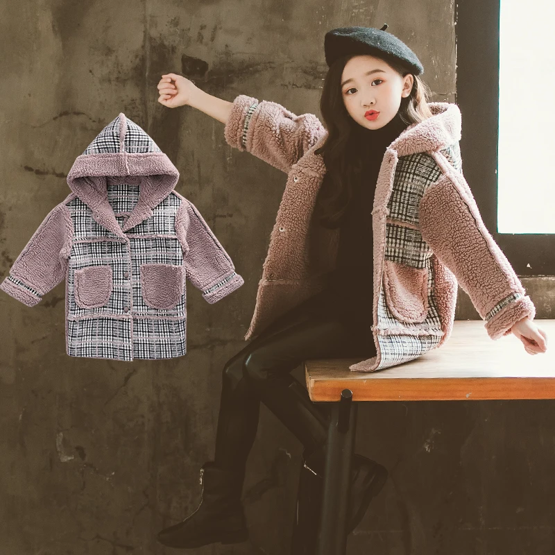 

3-11 year old girl Windbreaker autumn and winter Fashion velvet thickening Hooded woolen coat Fashion kids outwear Large pocket