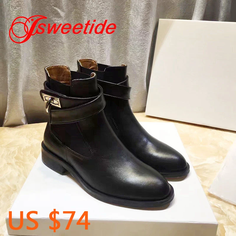 

High Quality Genuine Leather Ankle Boots For Women Classic ankle boots lock buckle Platform Fashion Brand Boots Flat Shoes