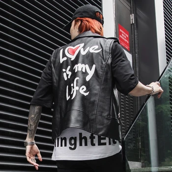 

2019 Spring Summer Sleeveless leather jacket men Punk rock style Slim fit Black color