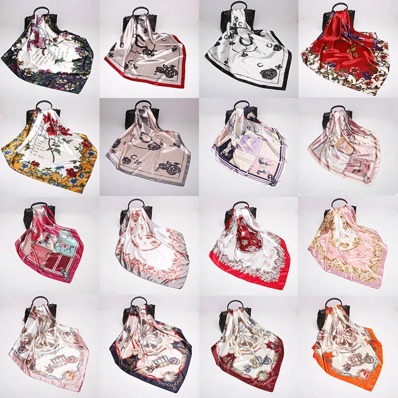 

Luxury 2019 New Satin Simulation Silk Scarf Female 90cm Square Towel Ash Purple Fashion Decorative Silk Flower Plaid Scarves