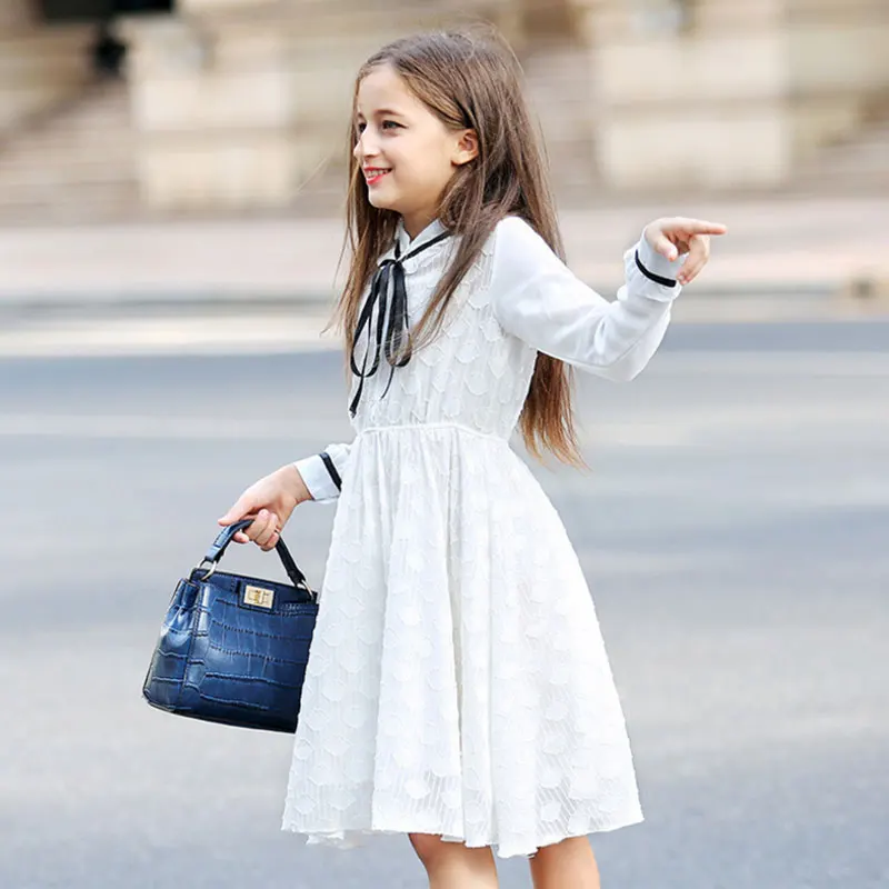 Платья для девочек-подростков хлопок, белое кружевное детское платье принцессы с длинными рукавами для девочек, детская одежда 68, 10, 12, 14, 16 лет