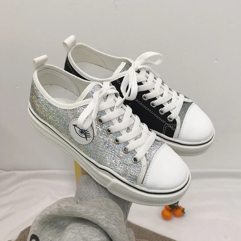 

C8001 canvas shoes female sequins color matching Korean version of wild casual sports