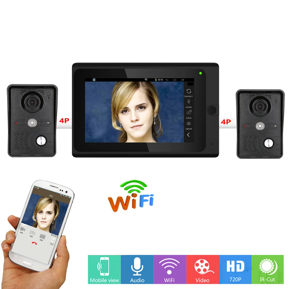 2 x Camera 7\ Wired / Wireless Wifi Video Door Phone Doorbell Intercom System,Support Remote APP unlocking,Recording,Snapshot