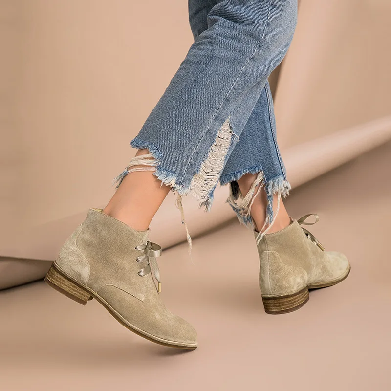 Najtaniej BeauToday kobiety botki prawdziwej skóry krowa zamszowa gumowa koronka buty marki buty damskie wysokiej jakości 03080