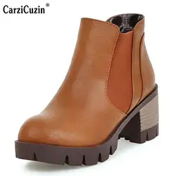 CarziCuzin/Размеры 33-43, женские ботильоны на высоком каблуке, обувь на толстом меху, женские ботинки для холодной зимы, женские ботинки на