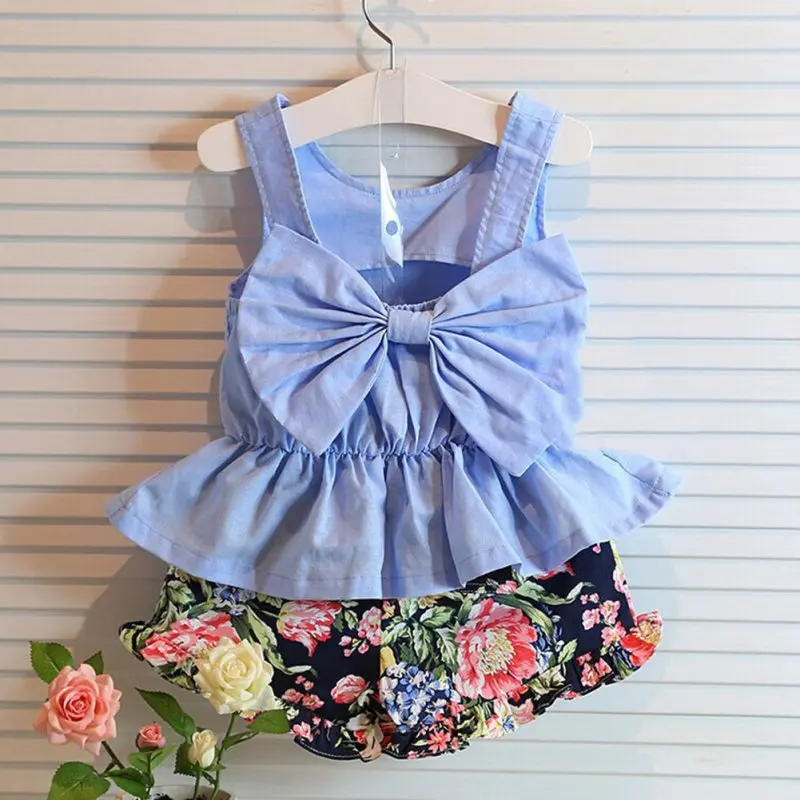 

New New 2pcs Summer Style Baby Girls Clothing Set Sleeveless Big Bow T-shirt+Floral Pant Kids Clothes Set 2-6 Years