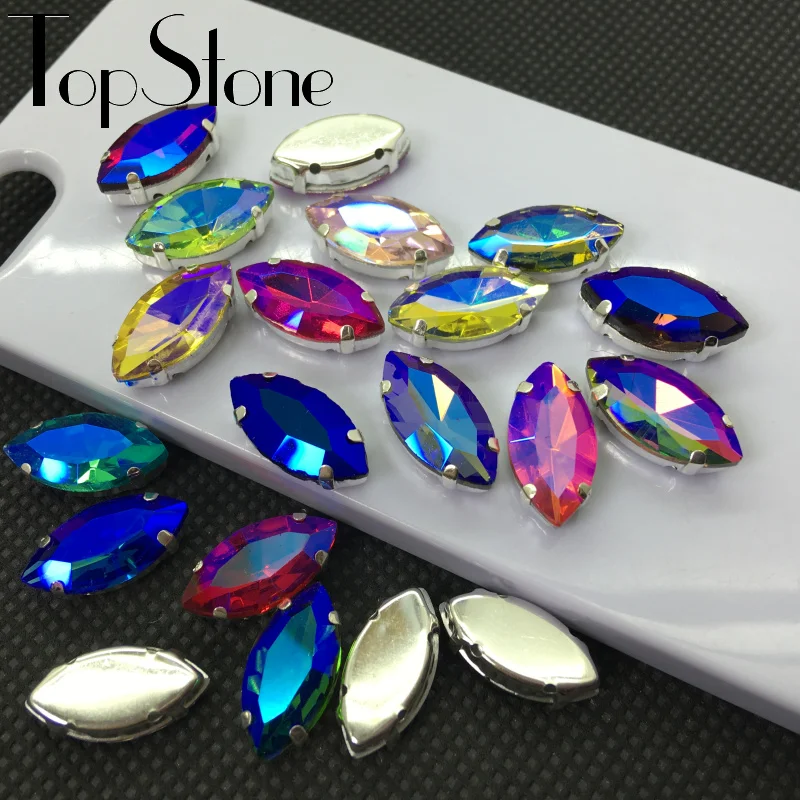 

All Sizes Colors AB Horse Eye Sew On GLASS Crystals Navette Fancy Stone with Silver Metal Claw Setting 5x10mm~17x32mm