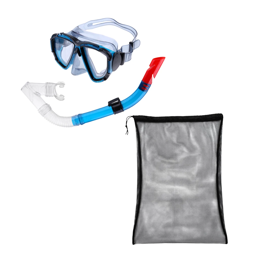 Взрослые плавание Ныряние широкий вид Маска Анти-противотуманные очки Подводное полусухое Трубка Набор + сетчатый мешок с кулиской для