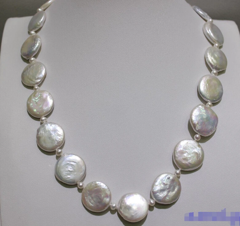 

FREE shipping>>> >>> White 3mm round & 17-19mm coin fresh water pearl necklace 17.5INCH 6.07