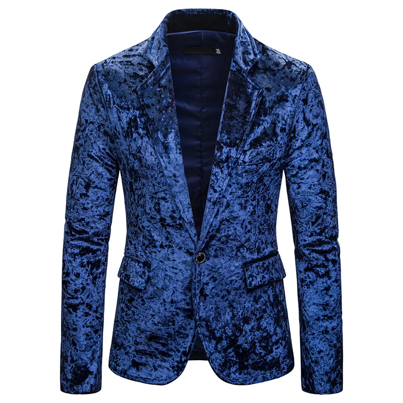 Синий, на одной пуговице, бархатный блейзер, куртка Для мужчин 2019 Фирменная Новинка Slim Fit мужской смокинг, пиджак, Повседневное вечерние