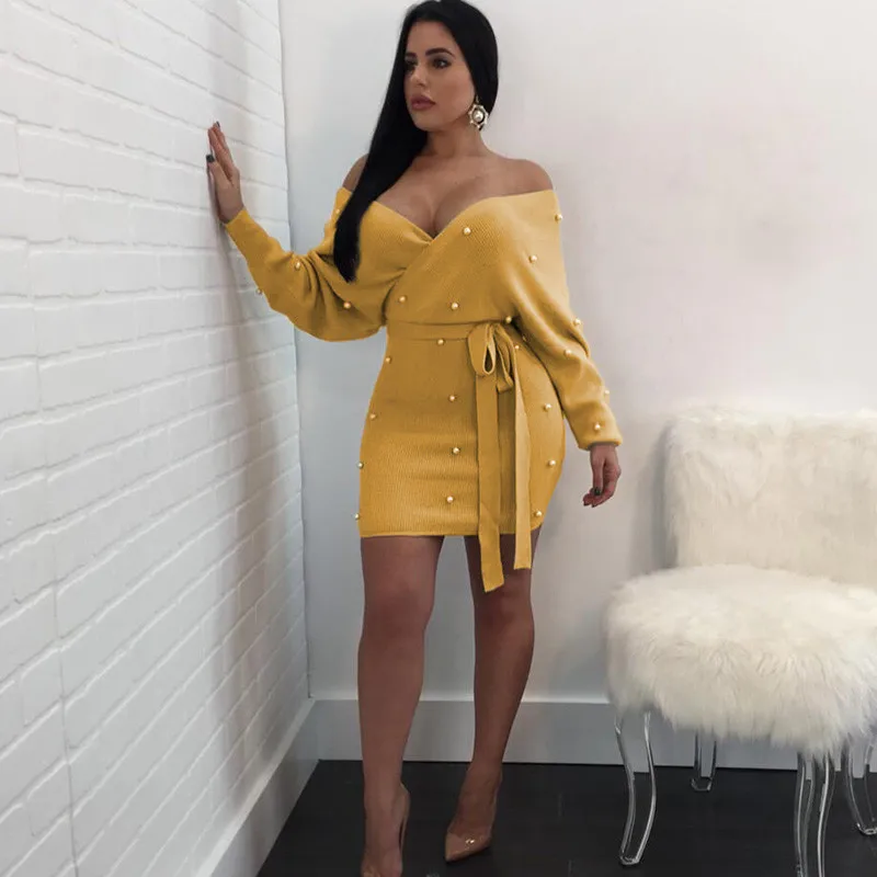 

Sexy Off Shoulder Knitting Sweater Dress Women Elegant Pearls Sashes Short Wrap Dress Casual Long Sleeve Autumn Winter Dresses
