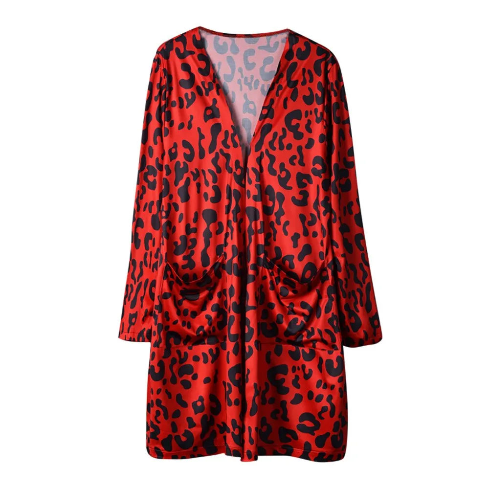 Новое поступление, женское модное пальто с длинным рукавом, леопардовым принтом и карманами, блузка, кардиган, Топ - Цвет: Красный