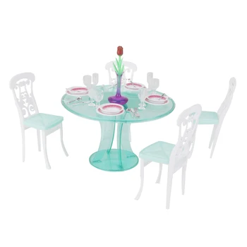 

1/6 Scale Dollhouse Furniture Dining Room Table Chair Playset with Dinnerware, Toys for Kids Children Pretend Play Game