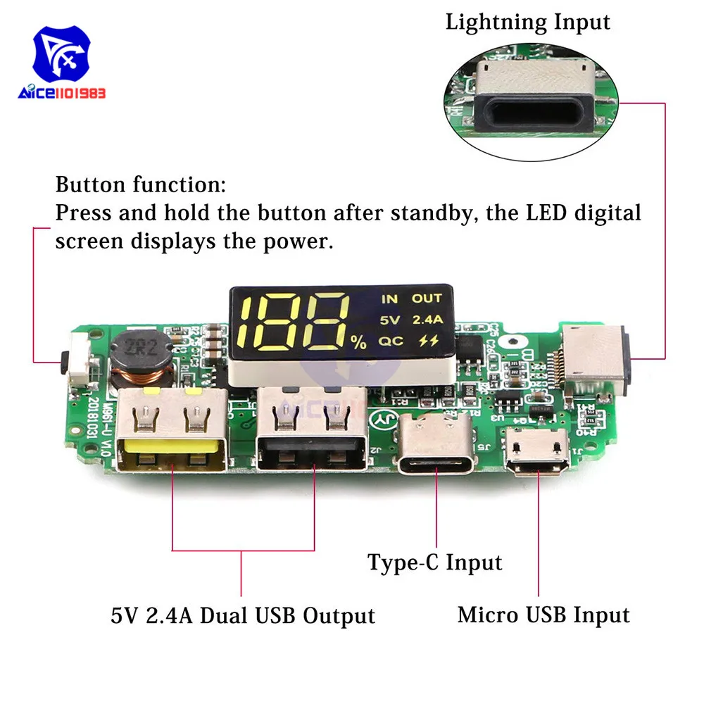 Внешний аккумулятор со светодиодной подсветкой 2 USB порта 5 В 18650 А|Интегральные