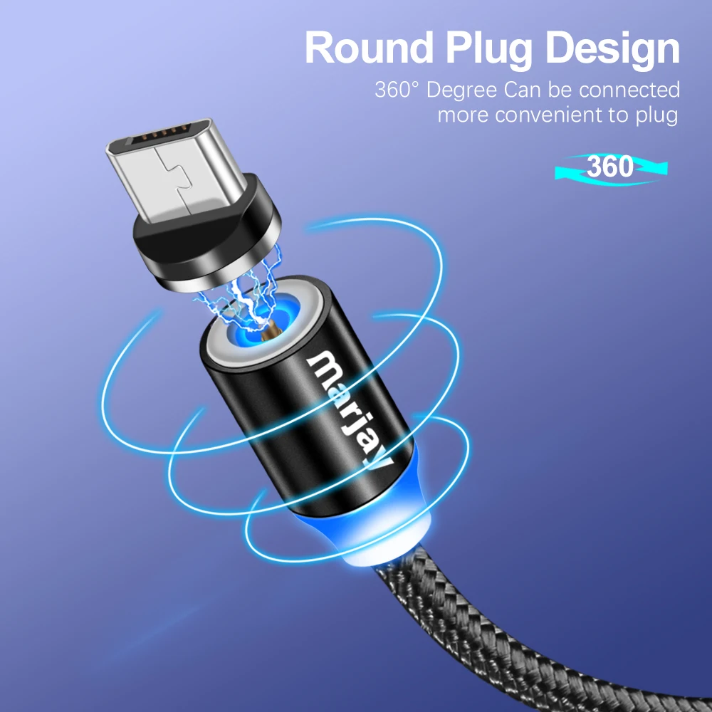 Магнитный зарядный кабель Marjay, 1 м, кабель Micro USB для iPhone XR XS Max X, магнитное зарядное устройство, usb type C, светодиодный кабель для зарядки