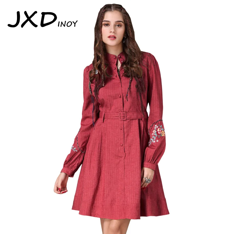 JXDINOY Women Vintage Embroidery Floral Dress Cotton Linen Loose Dress Lacing Sashes Womens Long