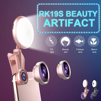 

Universal LED Selfie Flash Light Beauty RK19S Fill Light with Macro Fisheye Wide Angle Lens 4 Warms 4 Cold Bulbs For All Phones