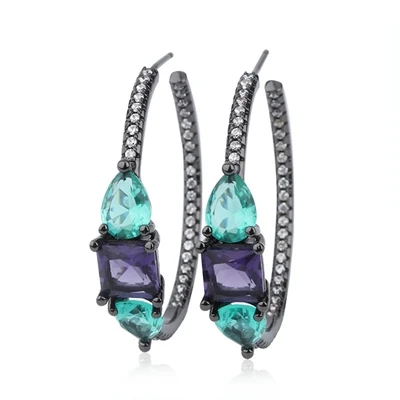 Разноцветные серьги-кольца с фианитами для женщин, женские серебряные/черные серьги для вечеринок - Окраска металла: HBD0052