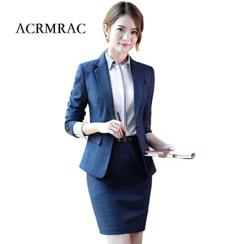 

ACRMRAC Women Formal wear Long sleeves blue lattice Slim Business suit OL Formal Pant Suits