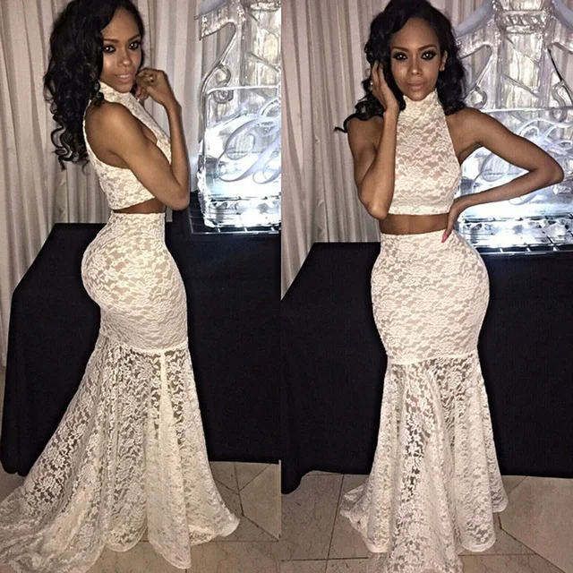 

Abendkleider 2016 White Lace Sleeveless Evening dresses High Neck Mermaid Two Piece Prom Gown Formal Dresses Vestidos de noite
