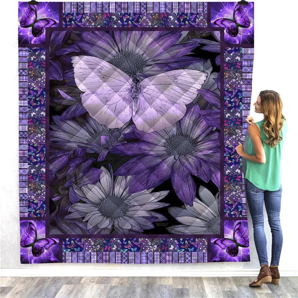 

SOFTBATFY Purple Butterfly Flower Quilt For Kids Adult Bed Soft Warm Blanket Quilt Dropshipping