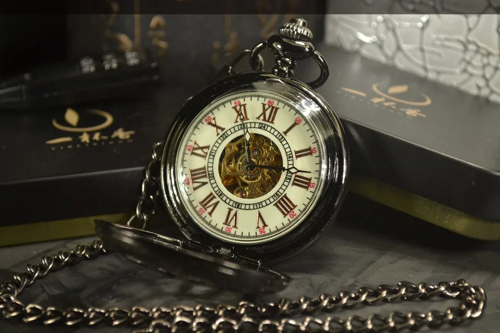 TIEDAN, черные Автоматические Механические карманные часы со скелетом, мужские антикварные Роскошные брендовые карманные и брелоки, мужские часы с цепочкой