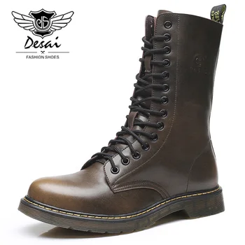 

DESAI Brand Men Shoes British Genuine Leather High Boots Men's Flat Boots Retro Tooling Boots Motorcycle Boots Autumn Winter