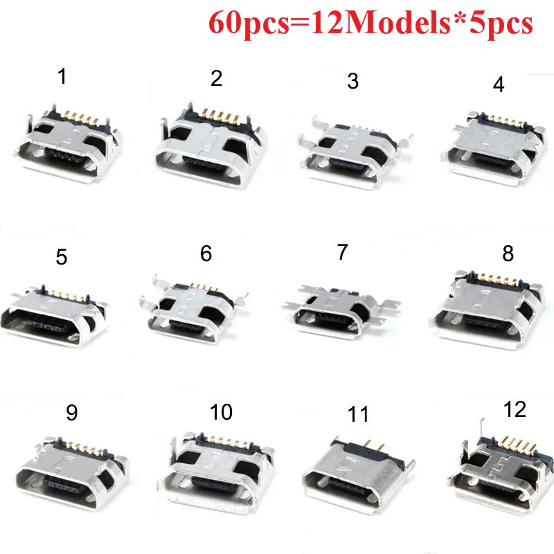 60 шт. = 12 моделей Micro USB разъем 5Pin usb-коннектор с портом Jack для разъема типа мама для MP3/4/5, Huawei, ZTE и других мобильных Tabletels