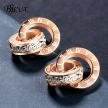 BICUX, Модные Этнические геометрические серьги, розовое золото, римские цифры, Кристальные серьги-гвоздики для женщин, вечерние круглые серьги, ювелирное изделие